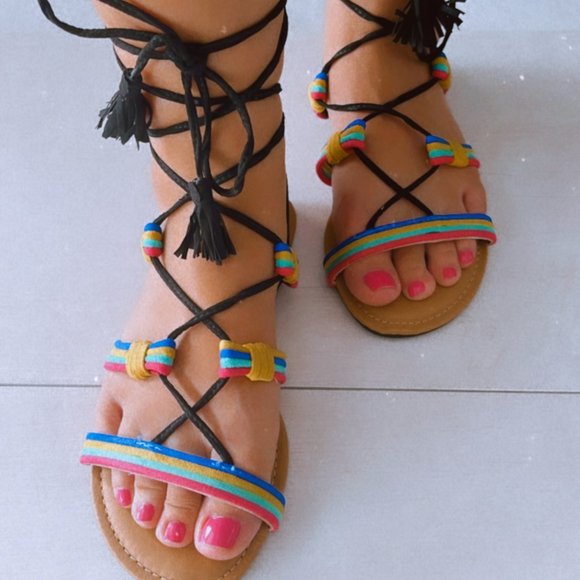 "BIG SALE" Boho Flat Sandals Open Toe Leg Wrap Lace-Up - Picture 7 of 10
